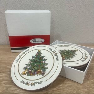 Vintage England Pimpernel Set of 6 Cork Backed Round Coasters White Christmas